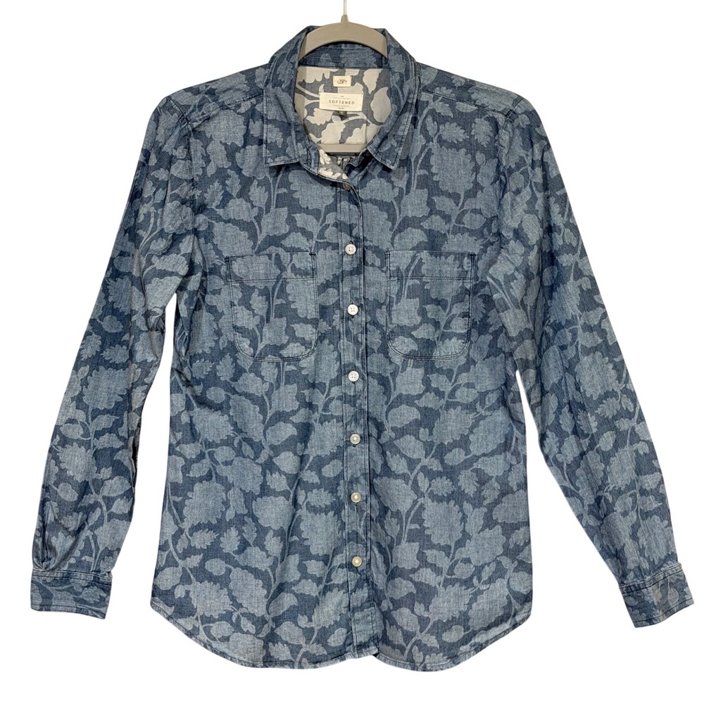LOFT Women Softened Shirt Blue S‎ Floral Cotton Button Down Long Sleeve Chambray - Picture 2 of 6